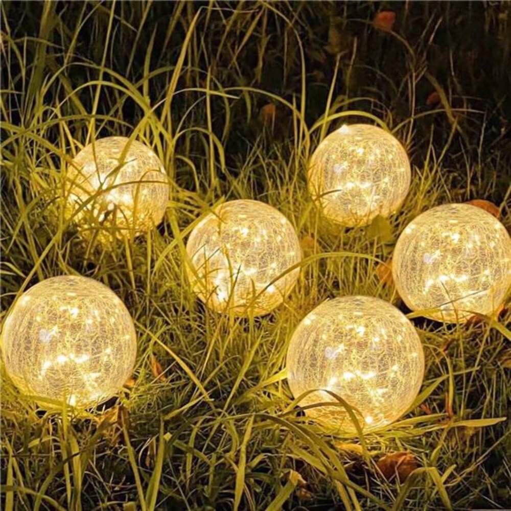 6 Pack Solar Garden Lights Waterproof Crackle Glass Ball Outdoor Patio Yard Deco